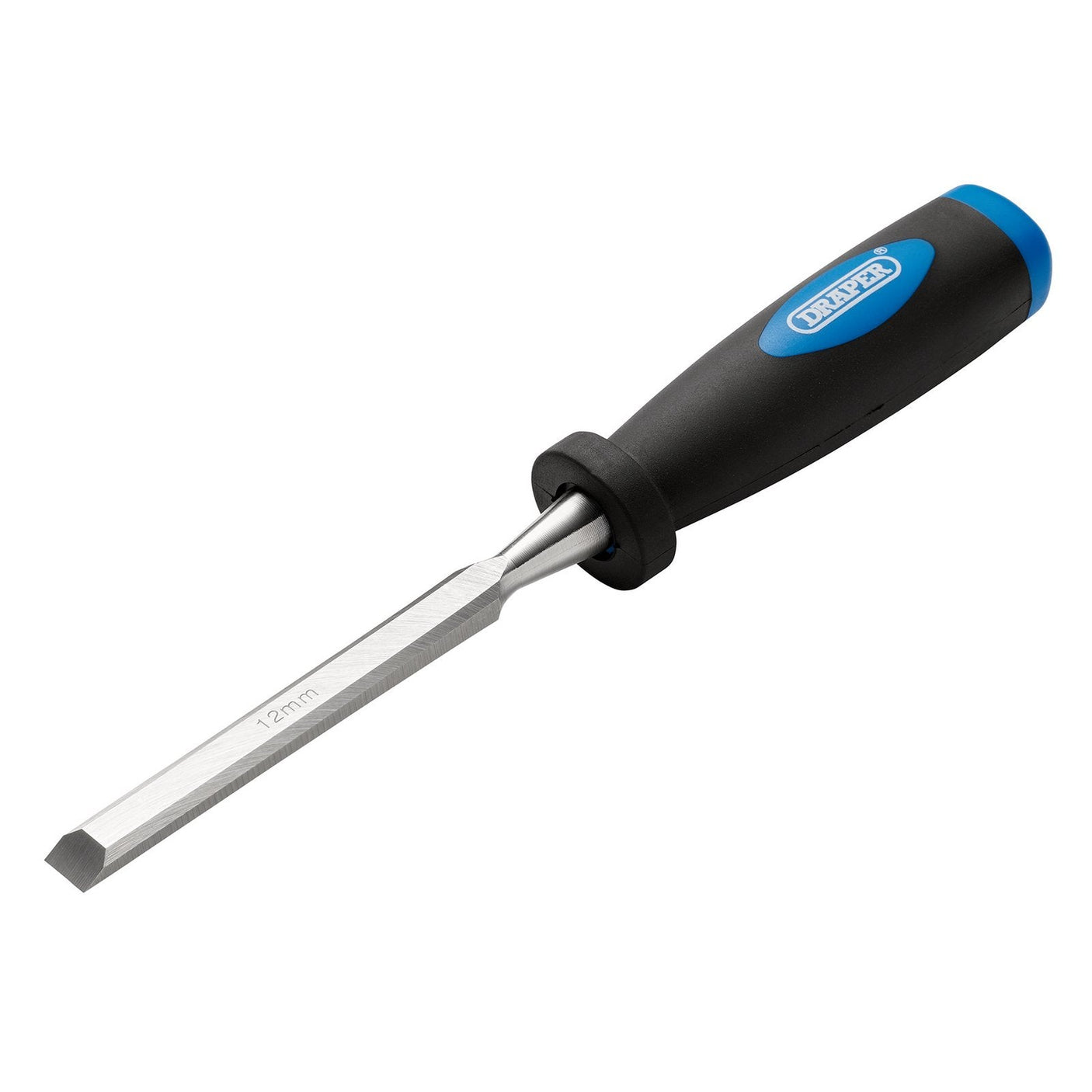 A Draper Bevel Edge Wood Chisel, 12mm - DWCSG with a carbon steel blade, featuring a black polypropylene handle and a blue accent on the end.