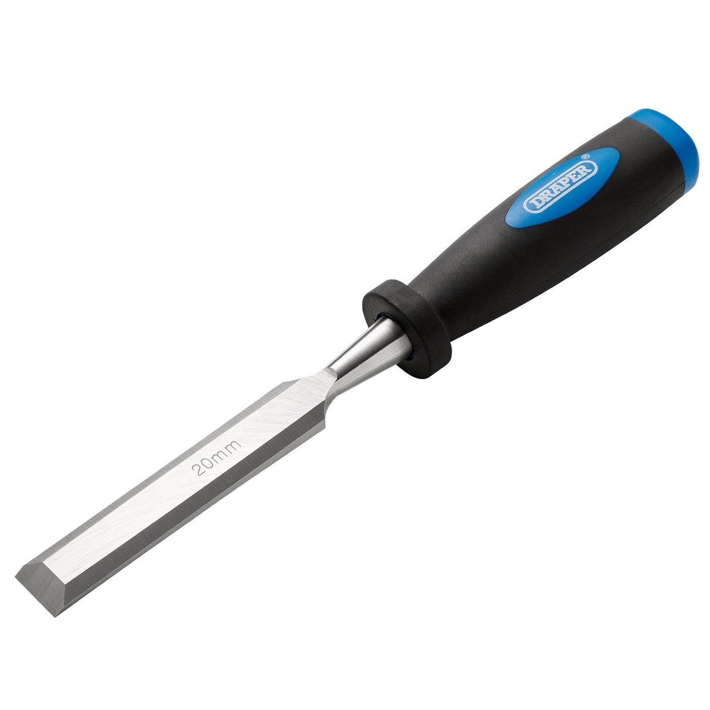 A Draper Bevel Edge Wood Chisel, 20mm - DWCSG, with a black and blue polypropylene handle and an inscribed carbon steel blade, lies against a white background.