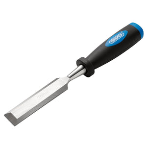 The Draper Bevel Edge Wood Chisel, 26mm - DWCSG, features impact-resistant black and blue handles and durable carbon steel blades.