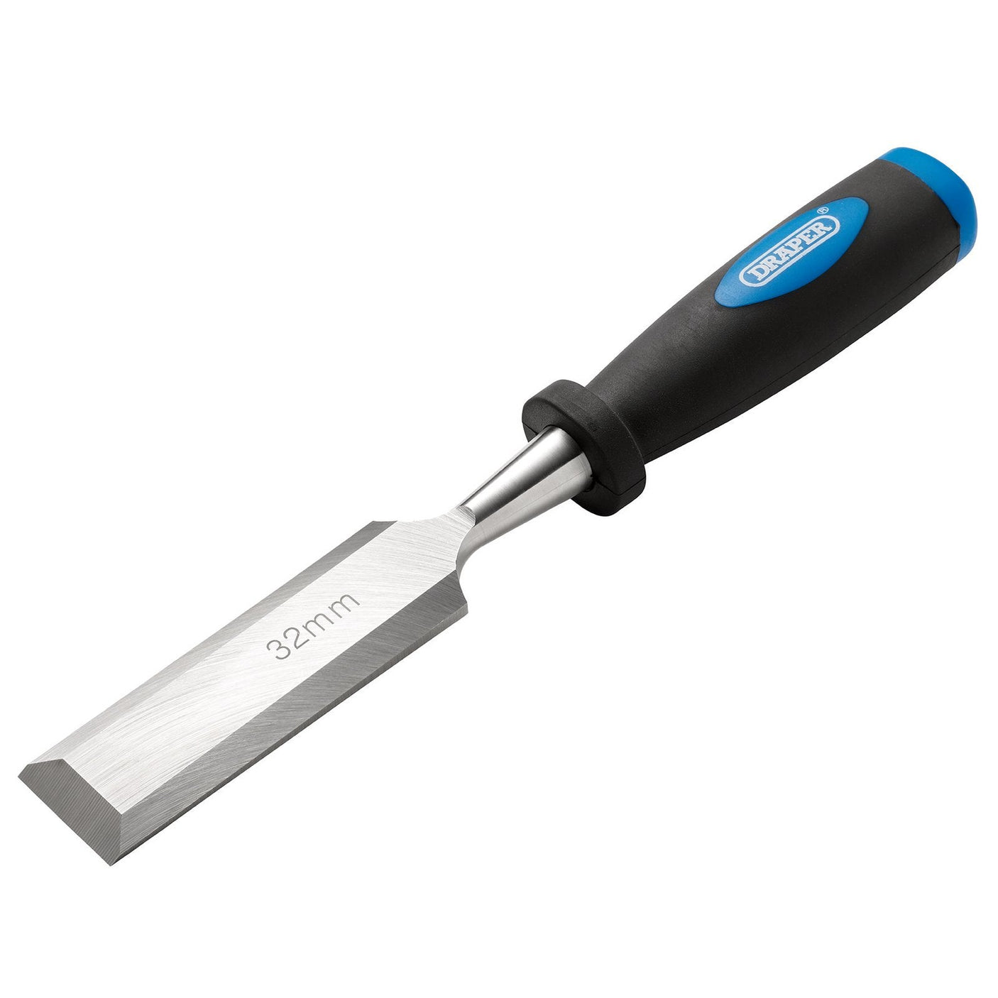 The Draper Bevel Edge Wood Chisel, 32mm - DWCSG features a carbon steel blade and a black and blue polypropylene handle.