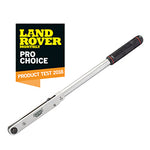 A Draper Push Through Torque Wrench, 1/2" Sq. Dr., 50 - 225Nm - PTW, featuring a black and red handle, is pictured next to a "Land Rover Monthly Pro Choice Product Test 2018" badge.