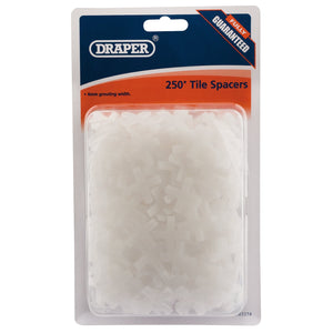 Image of a pack of Draper Tile Spacers, 6mm (Approx 250) - TS2/A, display packed with a label indicating the 6mm grouting width and featuring a "Fully Guaranteed" sticker. The pack contains multiple white plastic tile spacers for accurate tile positioning.