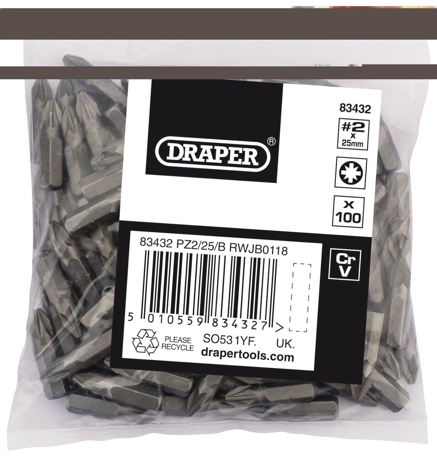 A clear bag of 100 Draper Pz Type Insert Bits, 1/4", No.2 labeled PZ2/25/B. Made from chrome vanadium steel, the label includes a barcode, product number 83432, and manufacturer details.