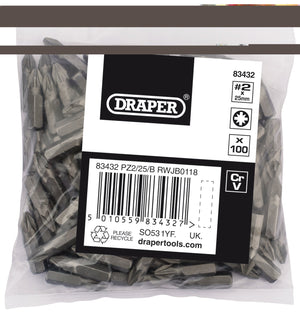 A clear bag of 100 Draper Pz Type Insert Bits, 1/4", No.2 labeled PZ2/25/B. Made from chrome vanadium steel, the label includes a barcode, product number 83432, and manufacturer details.