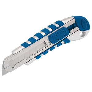 The Draper Soft Grip Retractable Knife With Seven Segment Blade, 18mm - TK245, features a blue and silver zinc alloy body and a retractable seven segment blade. The handle is designed with a soft textured grip to ensure safer use.