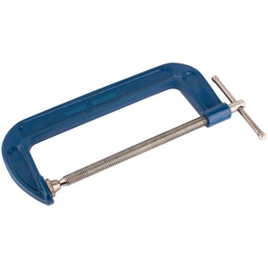 A Draper C Clamp, 250 X 90mm - 391G/1, featuring a blue metal finish with a tommy bar handle and a chrome plated screw mechanism, set against a white background.