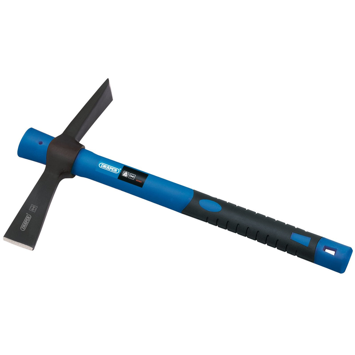 The Draper Fibreglass Mini Mattock And Cutter, 400G - FG1MC features a blue and black design with a flat chisel head on one side and a pointed tip on the other. It boasts drop forged steel construction and includes a soft grip fibreglass handle.