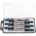 A set of six needle files with black and blue soft grip handles made from high carbon steel, arranged in a gray plastic storage case with a transparent lid by Draper, named the Draper Soft Grip Needle File Set, 150mm (6 Piece) - NF6/SG/B.