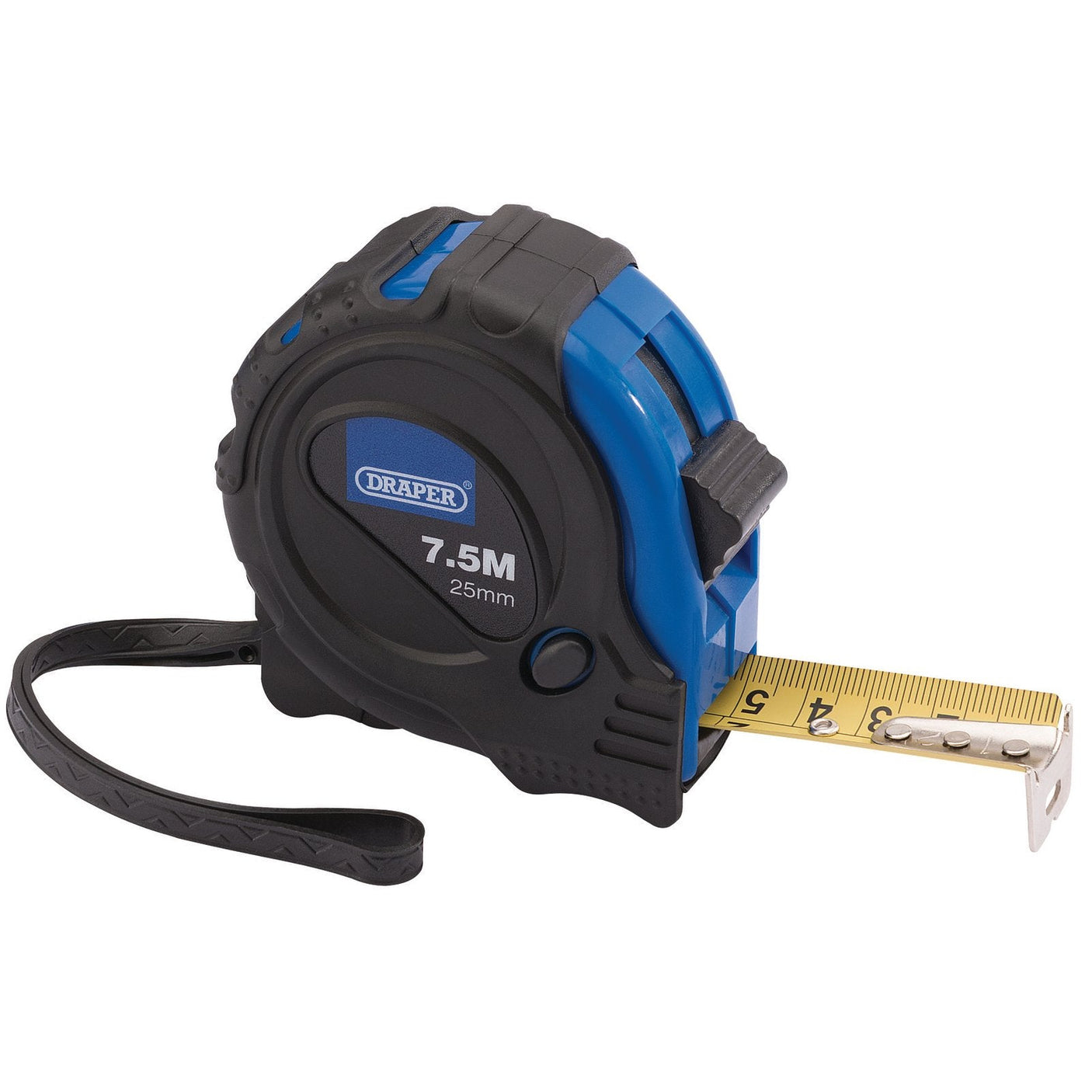 The Draper Measuring Tapes, 7.5M/25Ft X 25mm - EMTGD/12 is a black and blue retractable tape measure with an impact-resistant ABS case, a wrist strap, and a metal hook at the end of the nylon-coated steel blade for accurate measurements.