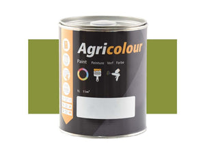 A 1-liter tin of Sparex's Agricolour green paint with a gloss finish, identified by part number S.83517, features a black label adorned with multilingual text and icons, set against a green background.