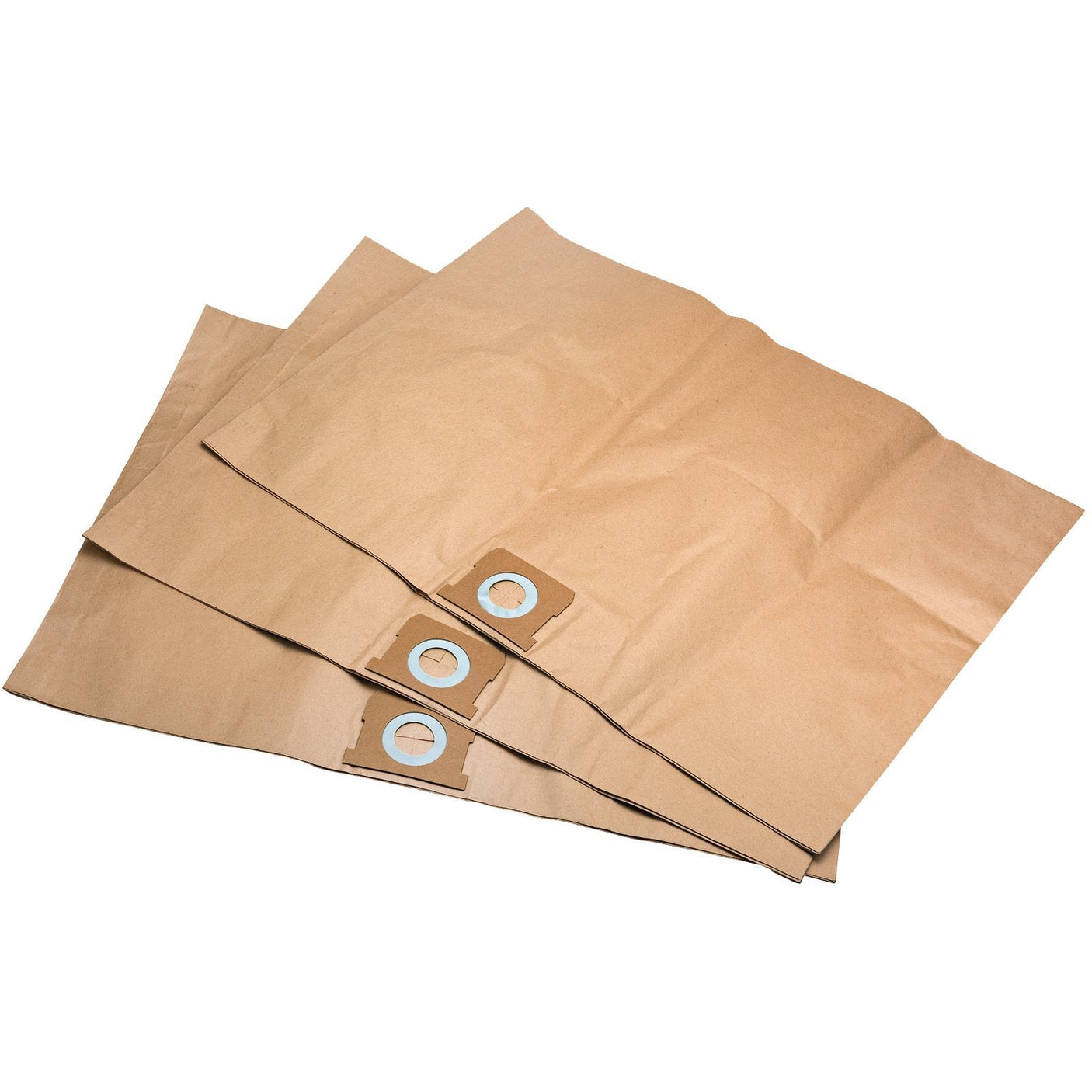 Three Draper Dust Collection Bags For Wdv50Ss/110A - AVC135 are laid flat on a white background, each featuring a cardboard collar with a circular opening.