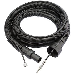 A Draper coiled black corrugated vacuum hose with connectors and an attached small valve assembly, specifically the Suction Hose For Swd1500 - AVC140.