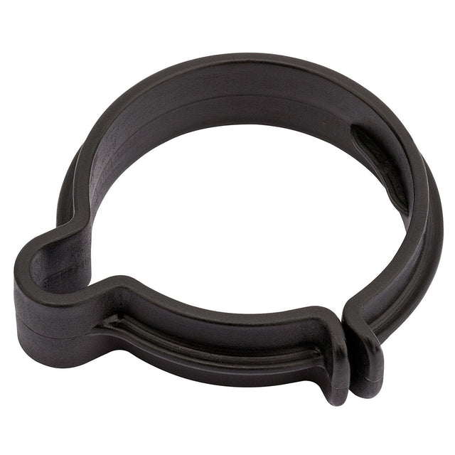 The Draper Hose Storage Hook For Swd1500 - AVC142 is a black, circular plastic clamp featuring an open end and a latch, making it ideal for securing hoses or cables.