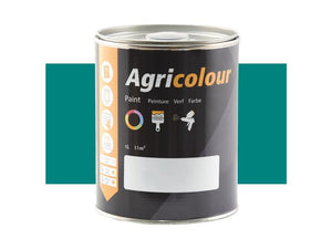 A 1-liter can of Sparex Agricolour blue gloss paint, identified by part number S.83554, features a black label with usage icons, a color wheel, and drying times for various surfaces including metal.