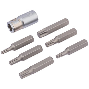 A set of six Draper Tx-Star® bits made from durable silicon steel, along with one metallic bit holder, from the Draper TX-Star® Bit and Bit Holder Set (7 Piece) - 2406/B, are arranged on a white background.