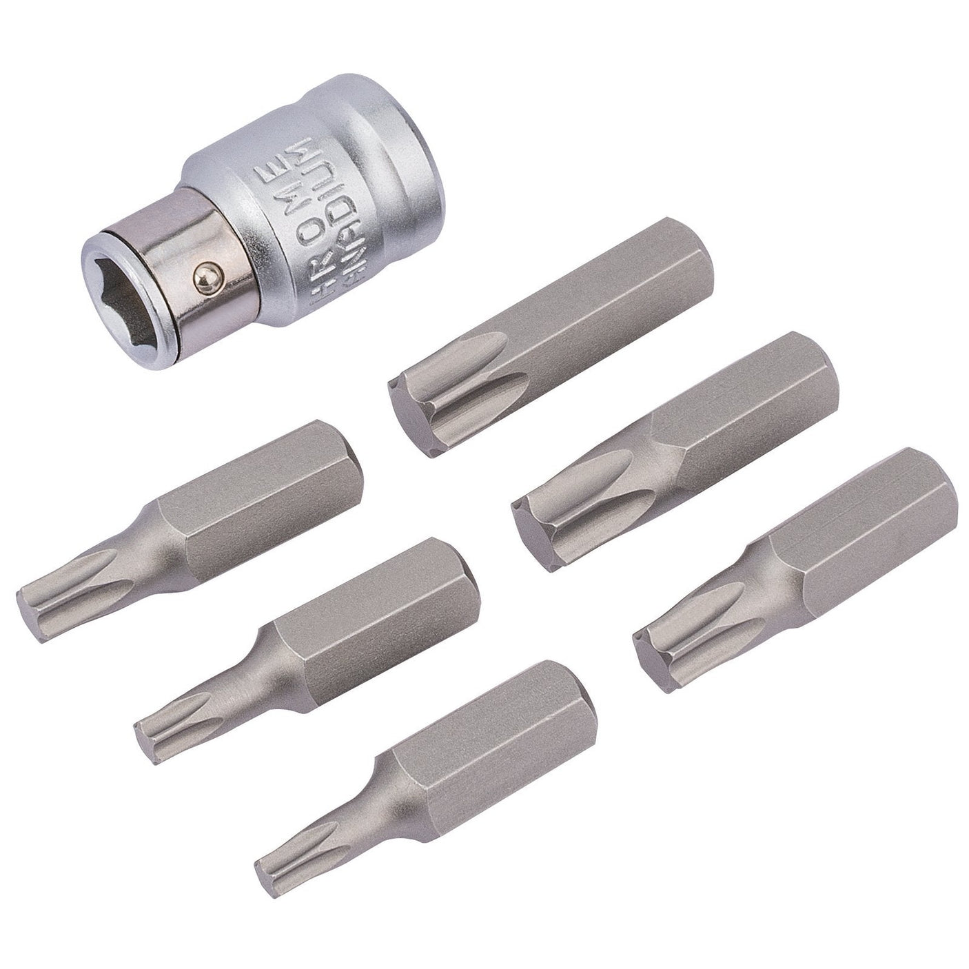 A Draper Tx-Star® Bit and Bit Holder Set, 3/8" Sq. Dr. (7 Piece) - 4404B, featuring six varying sizes of metal hex bits including 8mm bits and one Draper TX-STAR drive socket, is arranged on a white background. Each bit has a torx/star-shaped end for fitting screws or bolts.