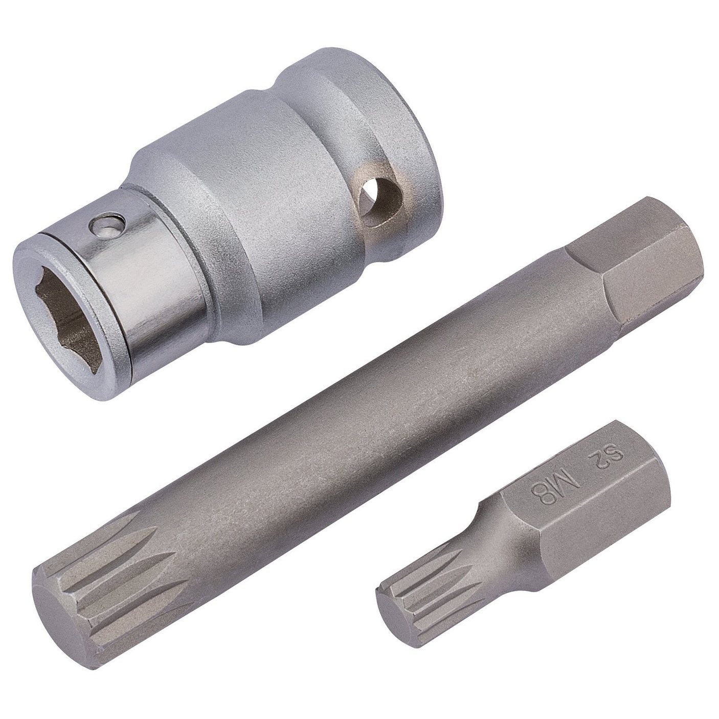 Product Data: The **Draper Spline Bit Set, 1/2" Sq. Dr. (3 Piece) - MSB3/B**

Sentence: Three metallic tools from the Draper Spline Bit Set, including a chrome vanadium steel socket adapter with a hole, a long spline bit, and a short spline bit marked "M8".