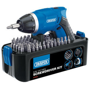 The Draper 3.6V Cordless Li-Ion Screwdriver Kit - CD36LIASF by Draper includes a blue and black cordless screwdriver with adjustable torque settings and a variety of interchangeable bits, all housed in a sleek black case.