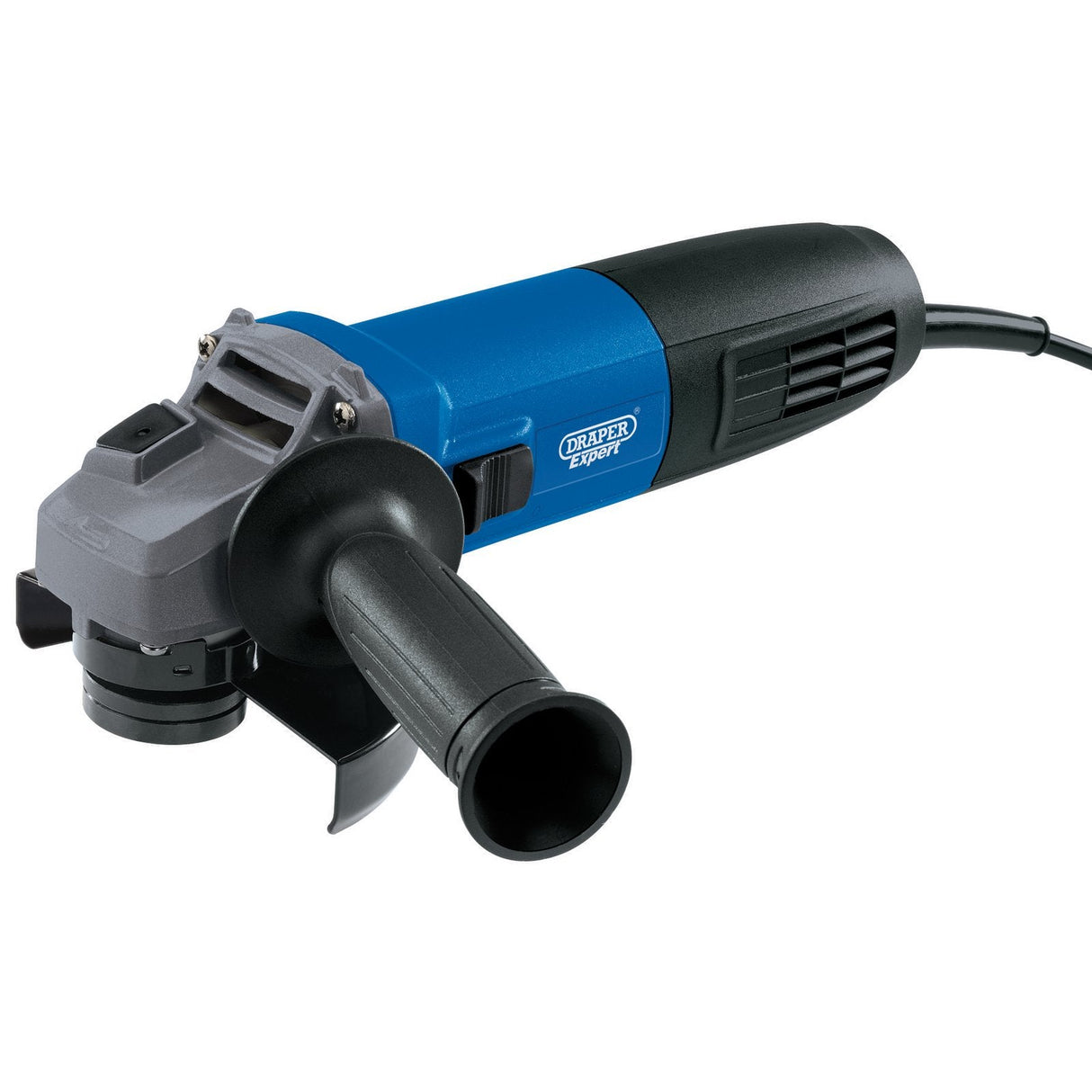 The Draper 230V Draper Expert Angle Grinder, 115mm, 850W - AG850 is a blue and black angle grinder with a power cord, featuring a two-position side handle and an adjustable guard, designed for cutting and grinding tasks.