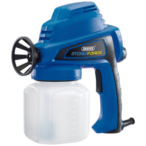 The Draper Storm Force® Spray Gun, 80W - SG80SF is a blue and black handheld paint spray gun that comes with a white 700ml pot capacity paint container attached at the bottom and features adjustable flow control.