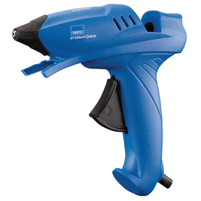 A blue Draper Storm Force® Glue Gun, 100W with a black trigger feed and nozzle guard. The tool features a textured grip and a built-in stand base, making it perfect for use with general-purpose glue sticks. The brand name "Draper" and the model "Storm Force®" are printed on the side. Comes with 6 glue sticks - PT65SF.