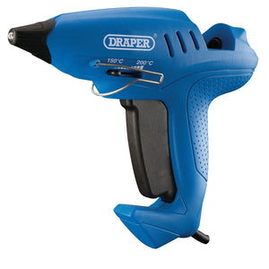 Introducing the Draper Variable Heat Glue Gun (PT65KD), a 400W hot melt glue gun in blue. It comes with six glue sticks and features adjustable heat settings of 150°C and 200°C. The trigger feed mechanism ensures precise application every time, making it perfect for all your gluing needs.