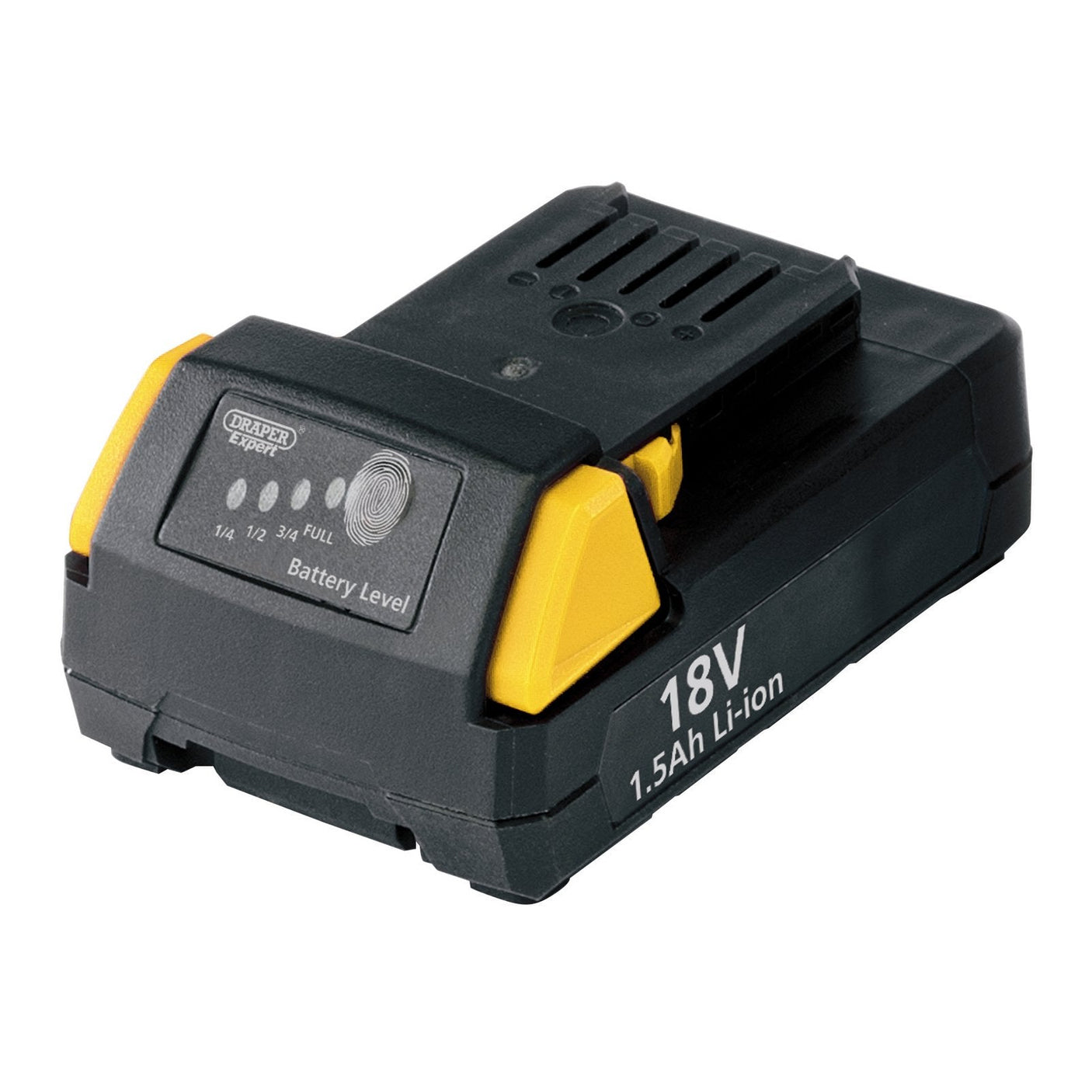 A Draper 18V Li-Ion Battery Pack, 1.5Ah - CB18LI15, in black and yellow, with a battery level indicator displaying 1/4, 1/2, 3/4, and full charge levels.