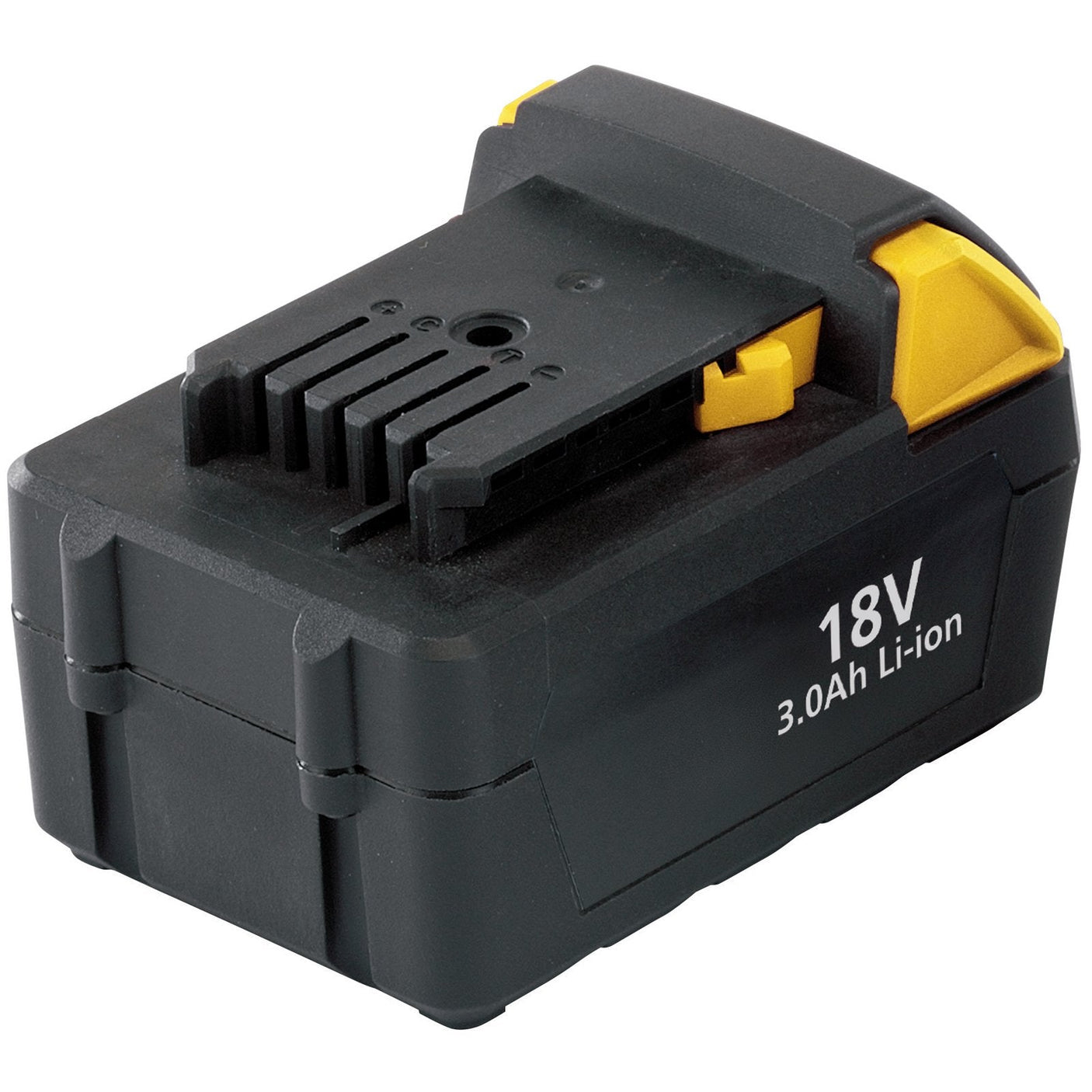 A black and yellow Draper 18V 3.0Ah lithium-ion rechargeable battery pack, model CB18LI30.