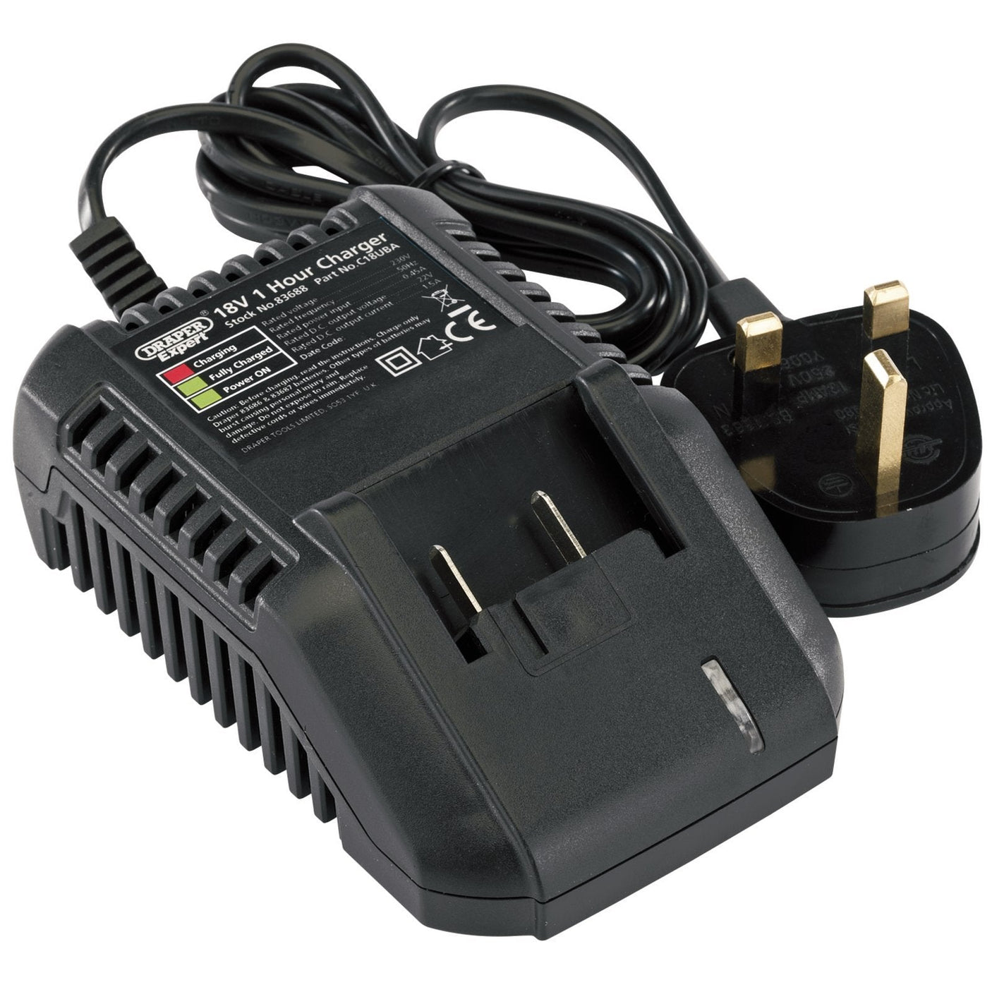 The Draper 18V Universal Battery Charger For Li-Ion And Ni-Cd Battery Packs - C18UBA is a black charger with an AC plug and indicator lights, specifically designed for 18V batteries.