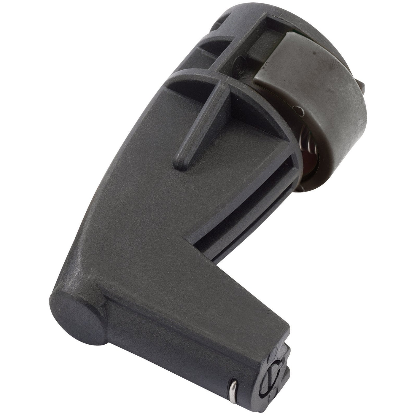 Close-up of the Draper Pressure Washer Right Angle Nozzle (APW75) with its black and metallic L-shaped design, featuring a cylindrical top section and various grooves and details, suitable for stock numbers 83405, 83406, 83407, and 83414.