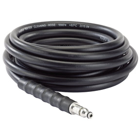 Draper Pressure Washer 5M High Pressure Hose (APW81) designed for Stock Numbers 83405, 83406, 83407, and 83414; features a coiled black design with a detachable nozzle and printed pressure and temperature specifications.
