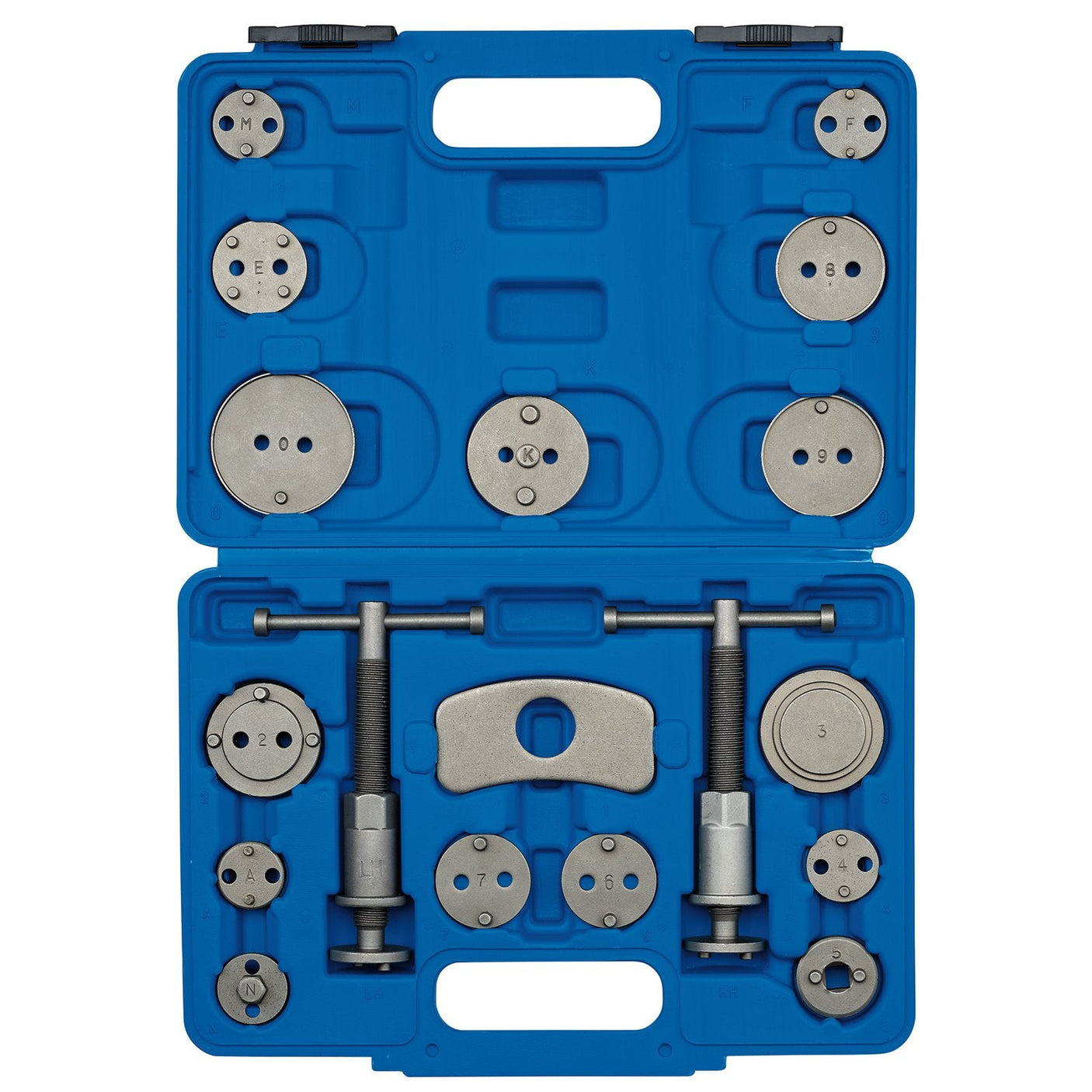 The Draper Expert Brake Caliper Piston Wind-Back Kit (18 Piece) - CWBT18B, a blue plastic storage case containing various metal automotive brake caliper piston rewind tools and adapters, organized in specific slots, is perfect for DIY mechanics working on replacement brake pads.