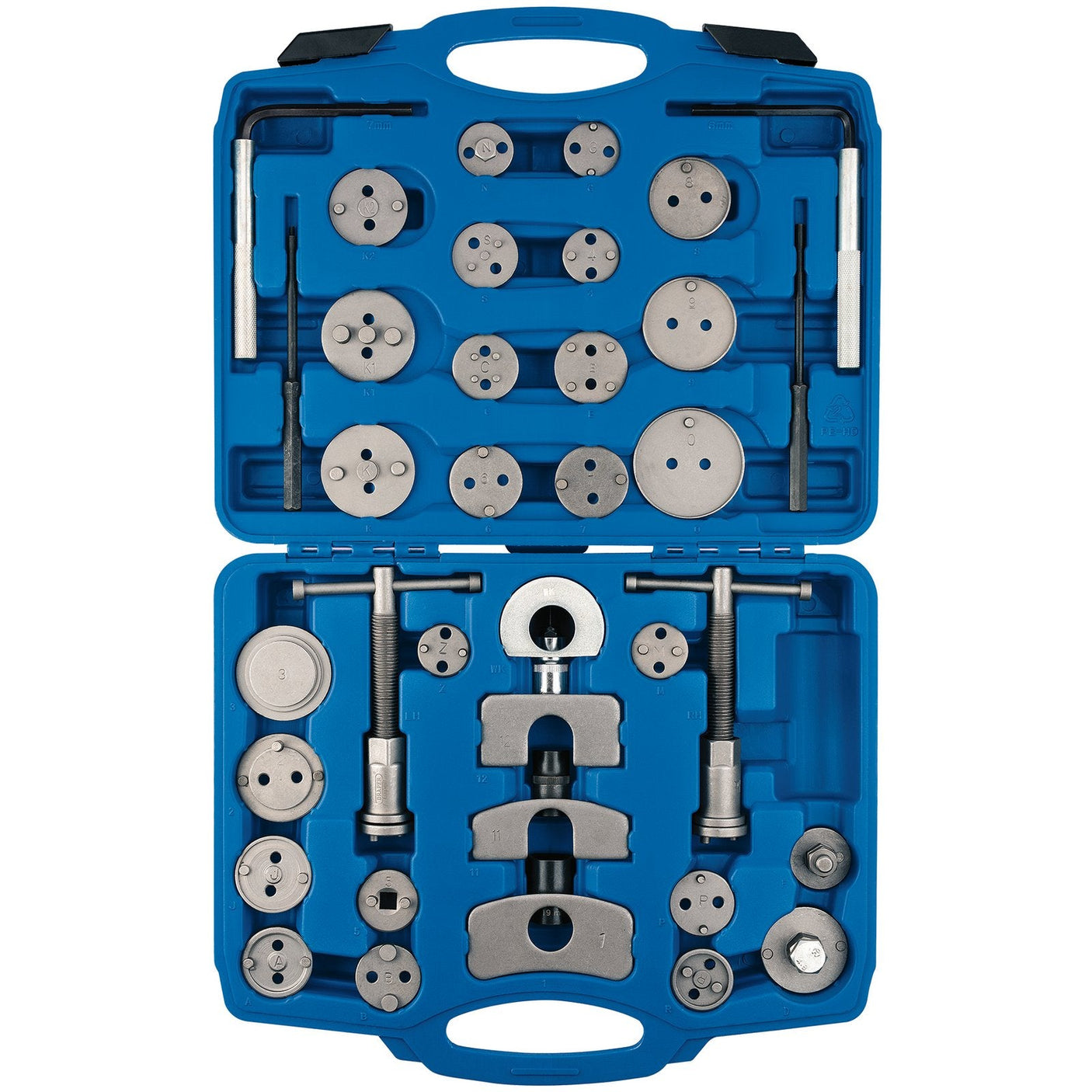 The Draper Expert Brake Caliper Piston Wind Back Kit (39 Piece) - CWBT39B is a comprehensive collection of circular and cylindrical metal tools and attachments, meticulously organized in designated slots within a sturdy blue plastic case. Specifically designed for brake servicing, it includes essential brake piston winders to ensure efficient maintenance.