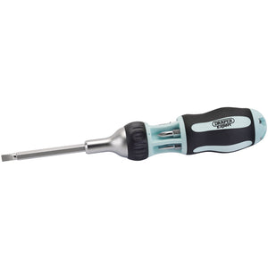 The Draper Expert Soft Grip 7 In 1 Ratcheting Screwdriver And Bit Set - 995/7 is a multi-bit, ratcheting screwdriver with a cushioned handle. This tool, branded by Draper, features a flathead bit attached and vanadium steel insert bits stored conveniently in the handle.