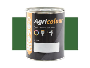 A one-liter tin of Paint - Agricolour Dark Green Gloss (Sparex Part Number S.83734) in black packaging with a white label. Various icons and the word "Paint" appear in multiple languages on the side. Ideal for metal surfaces, this paint offers a sleek gloss finish.