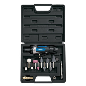 Image of a black plastic case containing the Draper Air Die Grinder Kit (15 Piece) - DAT-AGK with various bits and attachments. The case is open, displaying the tools and accessories neatly organized inside. Featuring an ergonomic design and lightweight aluminium housing, this Draper die grinder set is perfect for precision work.