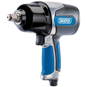 The Draper Air Impact Wrench, 1/2" Sq. Dr. - DAT-AIW12 features blue and black ergonomic soft grip handles, with a labeled "Draper" logo on its side, and a three-speed reversible motor.