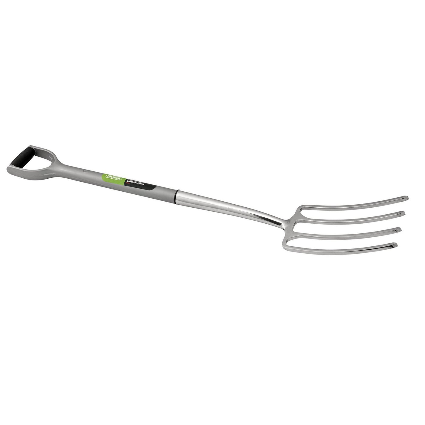 The Draper Extra Long Stainless Steel Garden Fork With Soft Grip - QFS-EL/I, featuring a D-shaped handle, fully hardened tines, and a steel-cored shaft measuring 1050mm, is showcased on a white background.