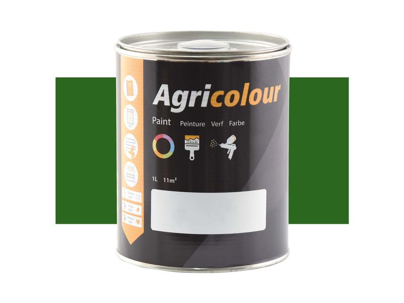 A black tin of Sparex Agricolour Green Gloss Paint with a white label and orange accents sits before a solid green backdrop. The container, labeled in multiple languages, bears the Sparex Part Number S.83753 and emphasizes its suitability for metal surface preparation.