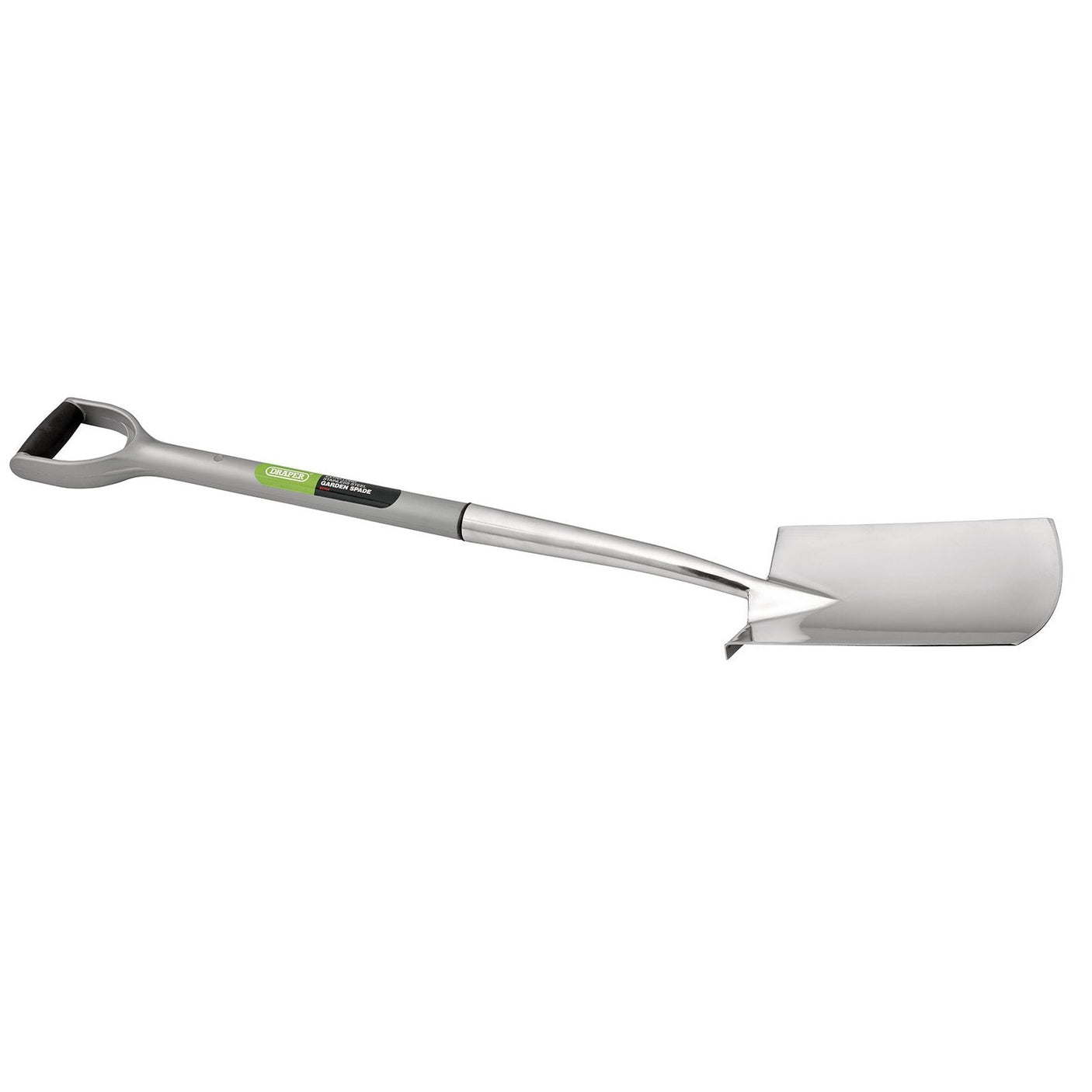 The Draper Extra Long Stainless Steel Garden Spade With Soft Grip - DSS-EL/I, from Draper, features a D-shaped handle, a flat rectangular blade with a hardened tempered edge, and a steel core shaft for enhanced durability.