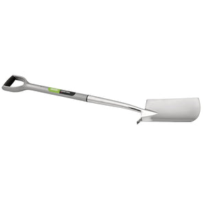 The Draper Extra Long Stainless Steel Garden Spade With Soft Grip - DSS-EL/I, from Draper, features a D-shaped handle, a flat rectangular blade with a hardened tempered edge, and a steel core shaft for enhanced durability.