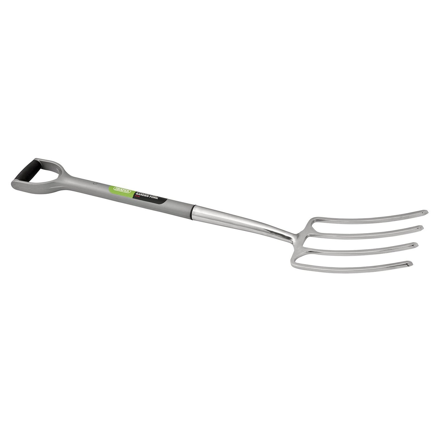 The Draper Stainless Steel Garden Fork With Soft Grip Handle - 307EH/I features a sturdy steel core shaft, gray handle, and four prongs, making it ideal for digging and soil turning tasks.