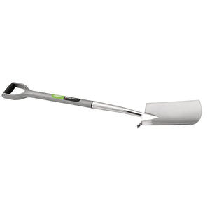 The Draper Stainless Steel Soft Grip Garden Spade - 721EH/I by Draper is a garden spade featuring a D-shaped handle, soft handgrip, gray finish, and slightly curved blade.