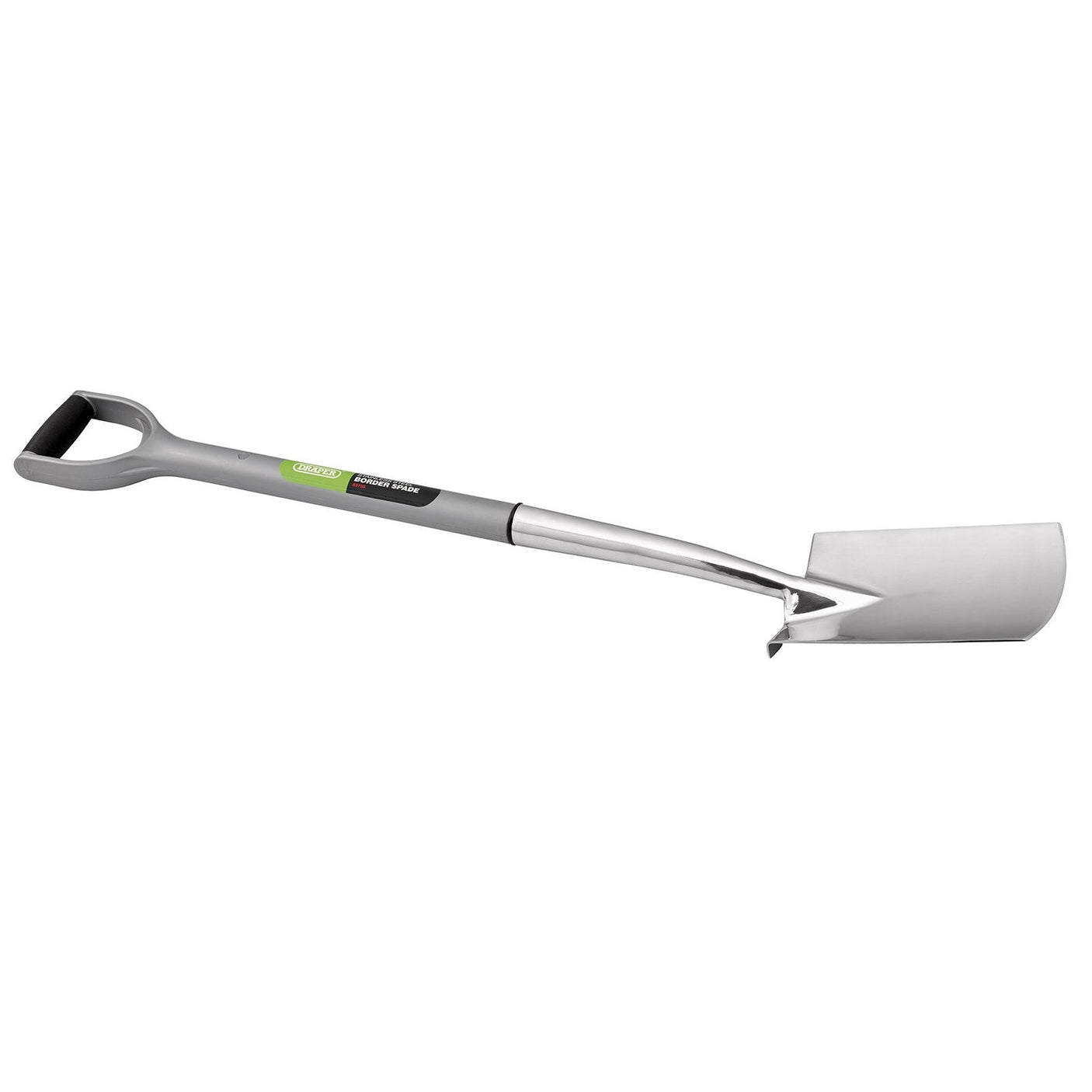 The Draper Stainless Steel Soft Grip Border Spade - 720EH/I, by Draper, features a fully hardened rectangular blade and a D-handle grip with a gray metal finish.