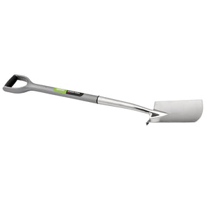 The Draper Stainless Steel Soft Grip Border Spade - 720EH/I, by Draper, features a fully hardened rectangular blade and a D-handle grip with a gray metal finish.