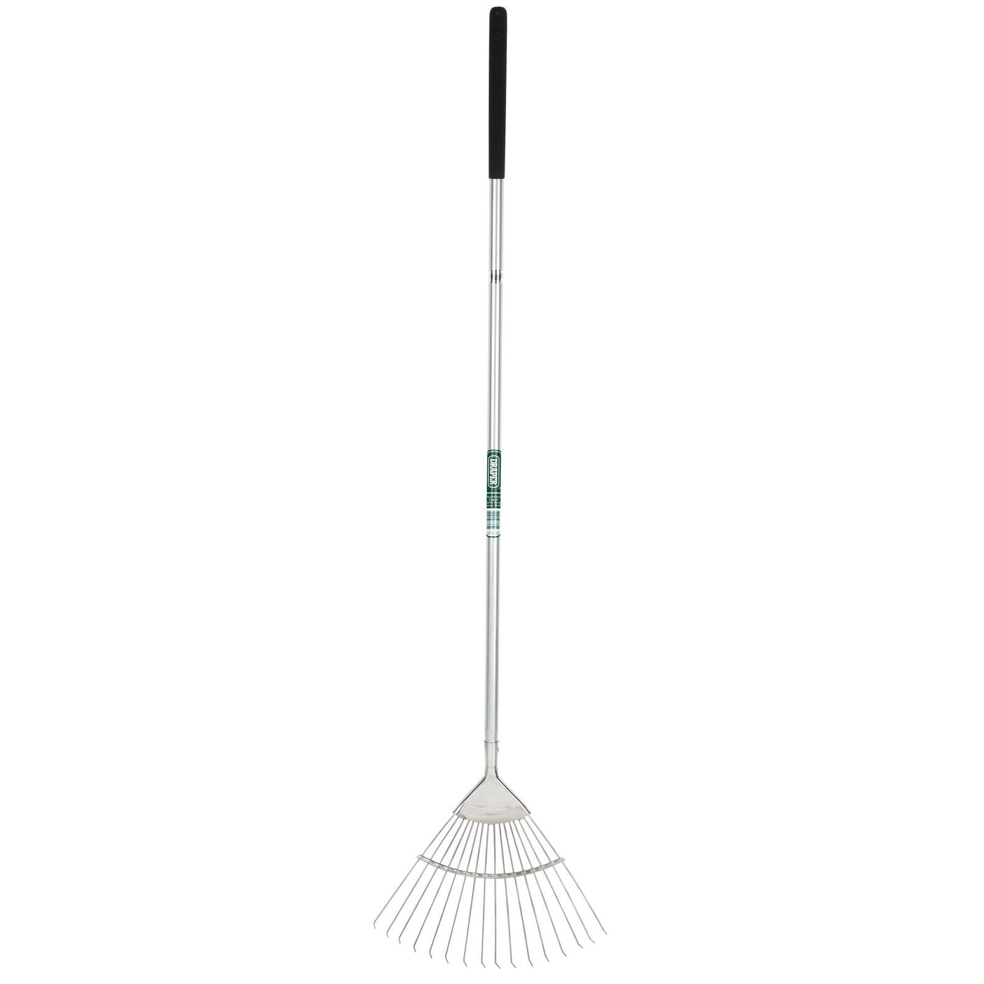 Introducing the Draper Stainless Steel Soft Grip Lawn Rake - 6106SG/I, a quality metal rake from Draper featuring a long silver handle, a comfortable soft grip, and flexible stainless steel tines arranged in a fan shape.