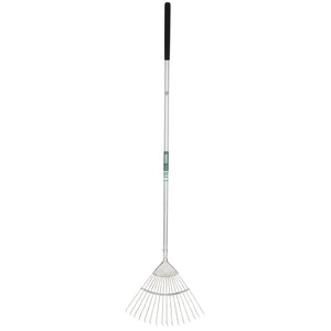 Introducing the Draper Stainless Steel Soft Grip Lawn Rake - 6106SG/I, a quality metal rake from Draper featuring a long silver handle, a comfortable soft grip, and flexible stainless steel tines arranged in a fan shape.