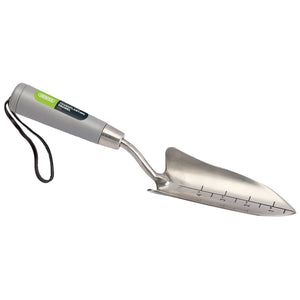 The Draper Stainless Steel Transplanting Trowel - GSTT2/I features a robust silver blade made of hardened tempered steel with measurement markings in inch graduations. It is complemented by a gray and green handle and includes a black leather wrist strap for easy handling.