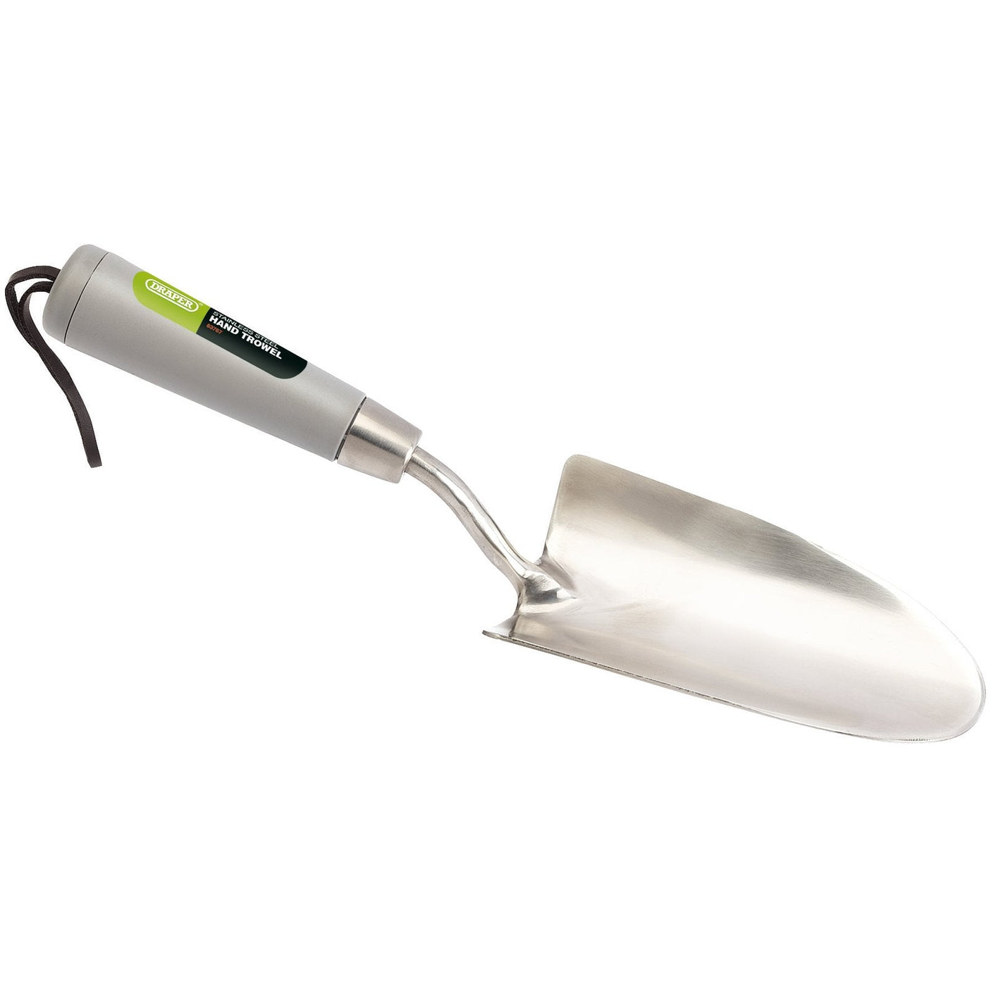 The Draper Stainless Steel Hand Trowel - GST2/I features a grey handle, a stainless steel blade, a black leather wrist strap for hanging, and a durable design.