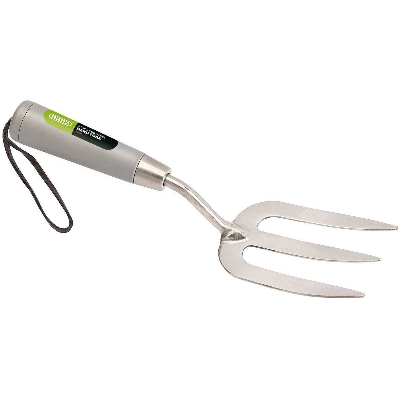 The Draper Stainless Steel Weeding Fork - GSF2/I features a gray handle with tempered tines, complemented by a stylish green and black sticker and a practical black leather wrist strap.